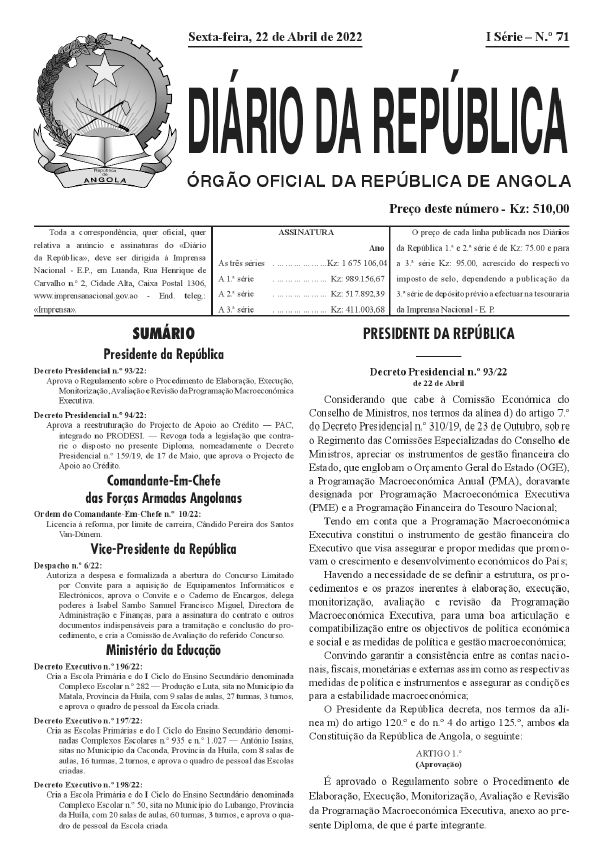 D.P n.º 94/22 - Aprova a reestruturação do Projecto de Apoio ao Crédito - PAC